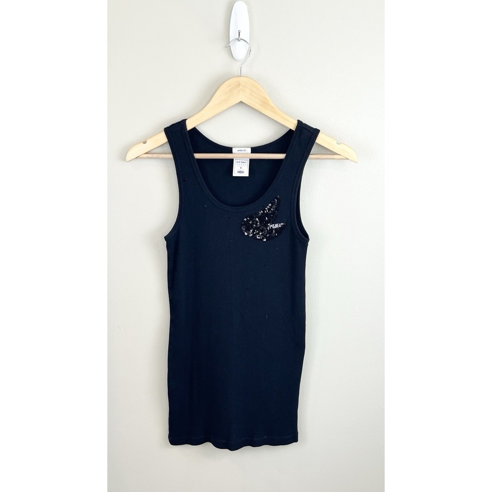 Old Navy Perfect Fit Women's Tank Top Sz‎ M Y2K Black Embellished Sequins